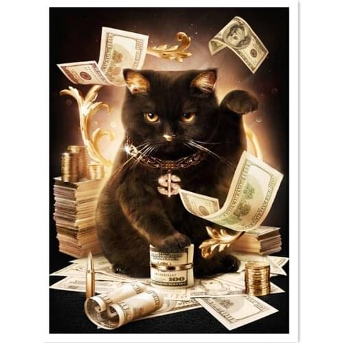 Full Drill Diamond Mosaic Diamond Painting Dollars Black Cat Diamond Embroidery Wall Art Pictures Rhinestones Home Room Decor
