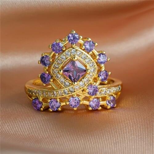 Luxury Female Purple Crystal Stone Ring Vintage Gold Color Wedding Rings For Women Promise Big Crown Zircon Engagement Ring