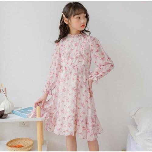 Girl Pink Floral Chiffon Dress Elegant Kids Beach Midi Dresses Flare Sleeve Child Casual Vacation A-Line Dress Clothes 4-15Y