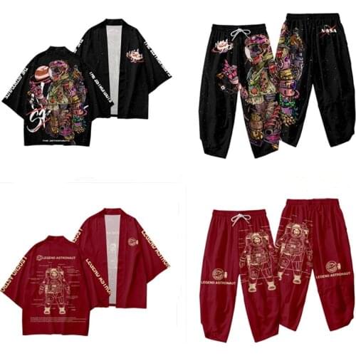 2021 Men Cardigan Japan Harajuku Yukata Robe Traditional Clothes Japanese Style Skeleton Astronaut Print Kimono Shirt Streetwear