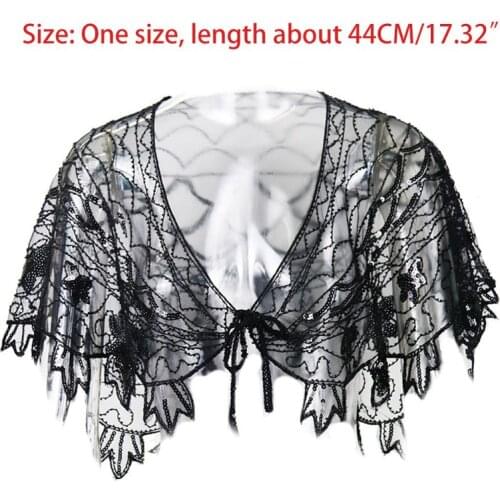 Womens Vintage Shawl Wedding Wraps Glitter Sequined Beaded Leaves Evening Party Cape Sheer Mesh Bolero Flapper Cover Up