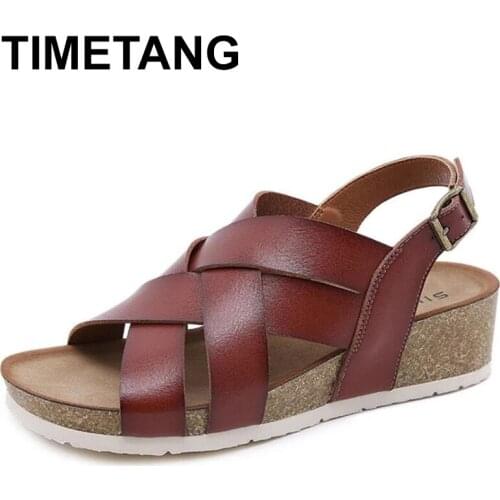 TIMETANG New Summer Beach Cork Rome Sandals Casual Female Outside Non-slip Cross Belt Cozy Women Shoes
