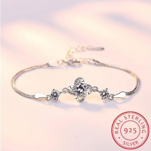 925 Sterling Silver Twist Flower Zirconia Bracelet For Women Gift Crystal Clover pulseira Silver 925 Jewelry S-B158
