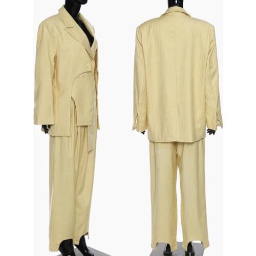 Personalized Cut Irregular Jacket Suit + Pants Fashion Two-Piece Set Yellow Shiny Stripes Loose Women Street Clothes Fall New