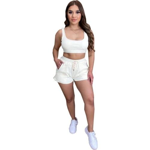 S-XXL Bodycon Tracksuit 2 Piece Outfits - Tank Crop Top High Waist Drawstring Short Sets Solid Workout Sports Set Sexy Sweatsuit