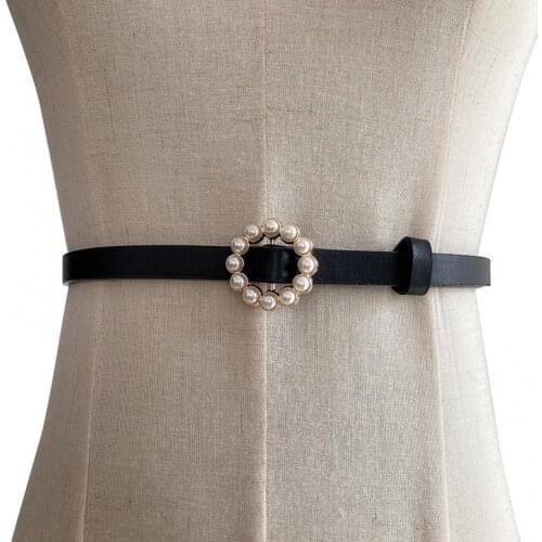 New Women Thin Waistband Dress Matching Faux Leather Fashion Fake Pearl Round Buckle Womens Belt Wholesale