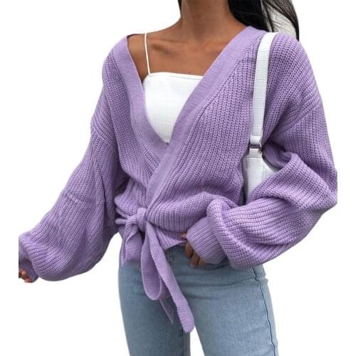 Women Fashion Sexy Sweater Solid Color V Neck Knitwear Loose Lace Up Long Lantern Sleeve Cardigan Streetwear Daily