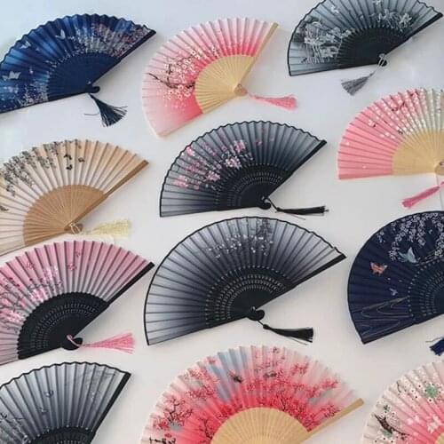 1Pcs Vintage Silk Folding Fan Retro Chinese Japanese Bamboo Folding Fan Dance Hand Fan Home Decoration Ornaments Craft Gift