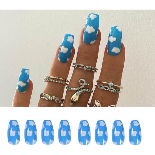 24 Pcs/Set Fashion Transparent French Stiletto Fake False Nails Blue Sky White Cloud Pattern Design Nail Tips for Bride Party