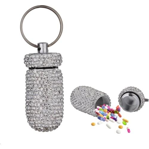 6.4cm Medicine Pill Case Box with Key Ring Keychain Pill Container Outdoor Waterproof Rhinestone Travel Tablet Pillbox Dispenser