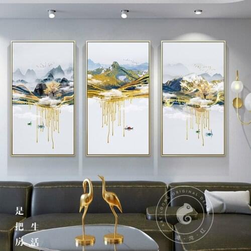 Chinese Style Abstract Landscape Canvas Poster Print Flowing Golden Moutain Wall Art Painting For Living Room Bedroom Home Decor
