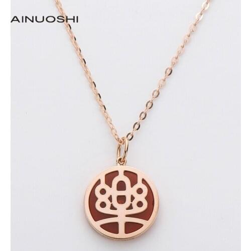 AINUOSHI 18K Rose Gold 0.008ct Real Diamond Red Agate Chinese Style Fashion Pendant Necklace For Women Fine Charm Jewelry 18