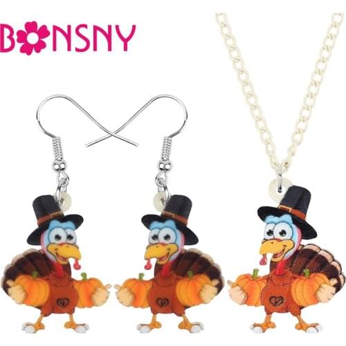 Bonsny Acrylic Thanksgiving Anime Turkey Chicken Pumpkin Jewelry Set Necklace Earrings For Women Girl Teen Kid Decorations Gift