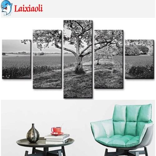 5 panels Diamond embroidery black and white tree landscape DIY Cross Stitch Kit handmade puzzle Full drill Embroidery home decor