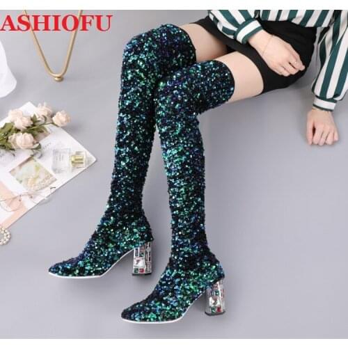 ASHIOFU Classic A817 New Style Womens Over Knee Boots Shinny Sexy Party Block Heels Boots Winter Plus Size Fashion Boots Shoes