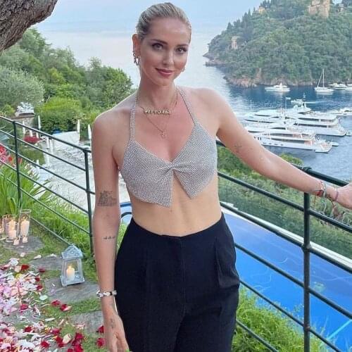 RANMO Shiny crystal sheet metal hanging neck hollow backless ultra short top sexy girl birthday party rhinestone short top