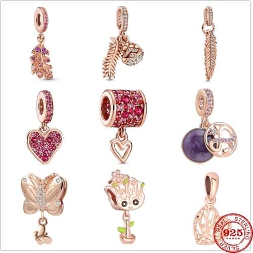 New 925 Sterling Silver Love Heart Leaf Pavé Rose Charm DIY Fine Beads Fit Original Pandora Charms Bracelet For Women Jewelry