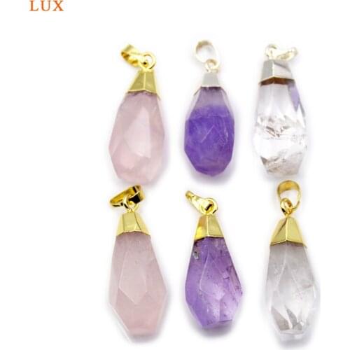 Natural Stone Pendant teardrop Shape Rose quartzs Amethysts Crystal Purple Color With Gold silvers Electroplated Fashion Pendant