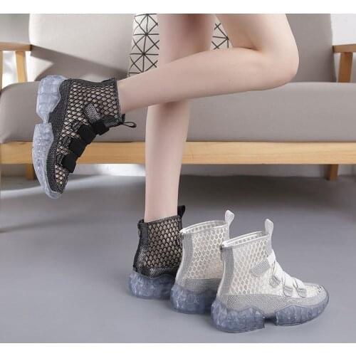 Summer Women Boots Platform Shoes Mesh Hollow Breathable Ankle Boots 2021 Fashion Velcro Modern Boots Plataforma Zapato Mujer
