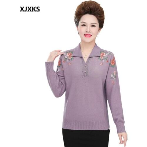 XJXKS 2021 autumn winter new fashion lapel plus size women sweater comfortable wool knitted sweater women embroidery pullover