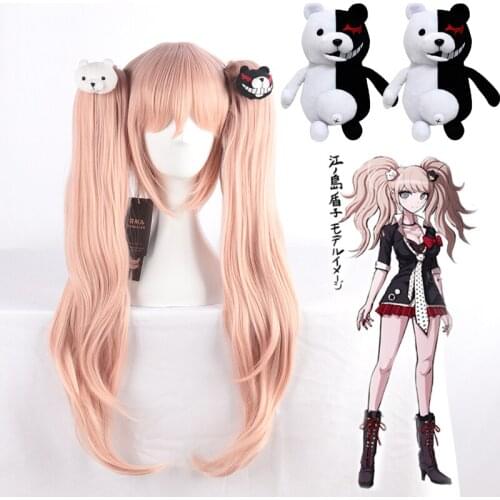 Dangan Ronpa Enoshima Junko Wig With Bear Hairpins Cosplay Costume Danganronpa Heat Resistant Synthetic Hair Ponytails Wigs doll
