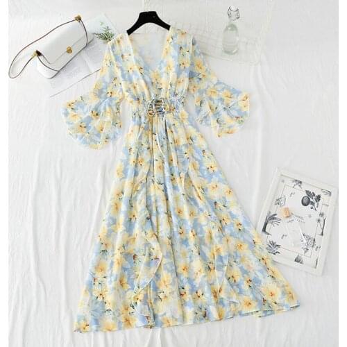 Women Sweet Floral print Short sleeve Midi Dress 2021 Summer Vintage V-neck Chiffon Vestidos Women Casual A-line Dress