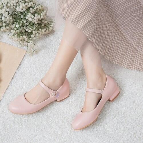 YQBTDL Daily Concise Princess Mary Jane Ladies Shoes Pink White Hook Loop Low Chunky Heels Pumps Women Shoes Party Dress Office