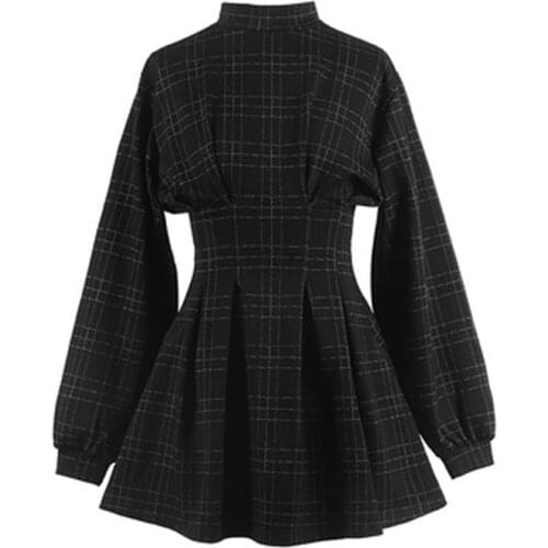 PERHAPS U Women Stand Collar Long Sleeve Balck Plaid Pleat Ruched Mini Dress Puff Sleeve D1420
