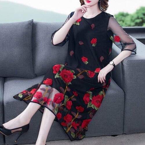 2020 Summer Vintage Womens 3/4 Sleeve Black Red Embroidery Flower Organza Long Dress , Casual Woman Female Loose Dresses