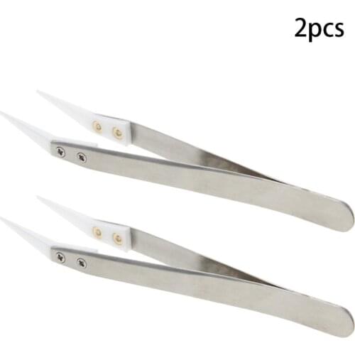 1~4pcs Ceramic Tweezers Stainless Steel Body Ceramic Curved Tweezers Tip Non-Conductive Heat Resistant Anti-Static White Handle