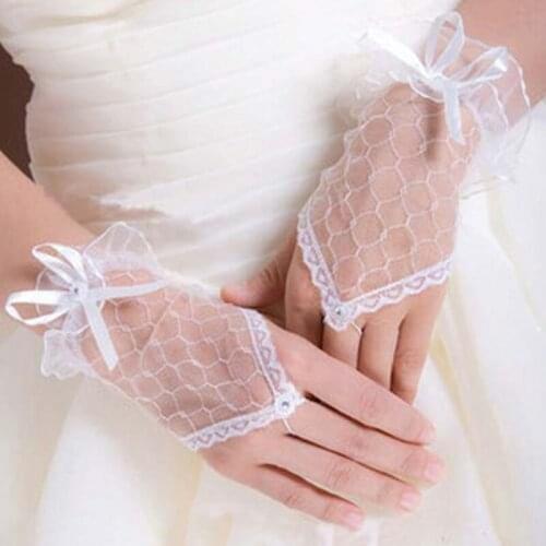 1 Pair Women Lace Wedding Gloves Net Yarn Bow Knot Fingerless Bridal Gloves Wedding Decoration Accessories Favors 3 Colors
