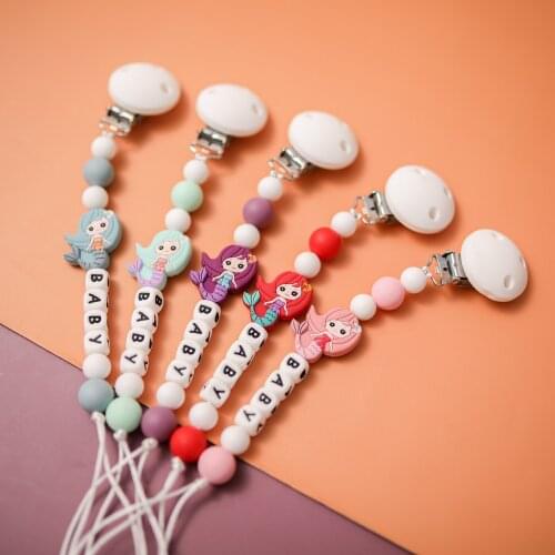 Customizable 1pc Baby Teether Pacifier Clips Chain Silicone Mermaid Beads For Newborn Bpa Free Silicone Rodent Holder Chain Toys