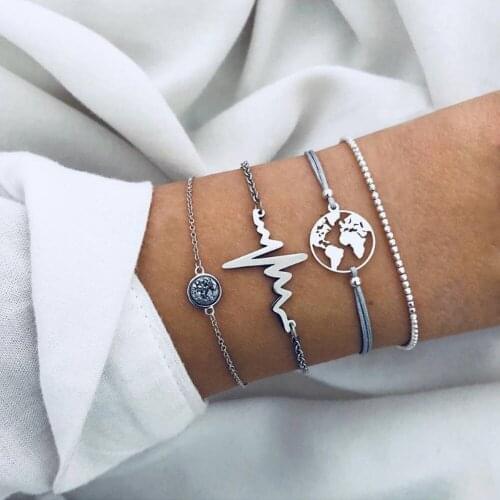 4Pcs/Set Fashion World Map Hollow Crystal Geometric Bracelets Charm Women Personality Silver Color Rope Chain Bracelet