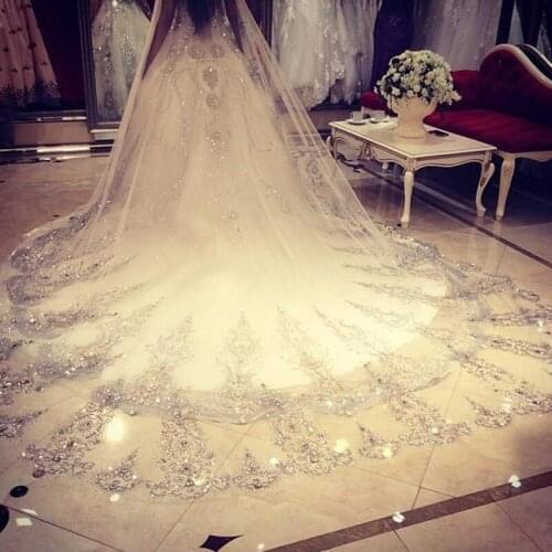 AY230 White Ivory Long Bride Veil with Comb Lace Appliqued Bridal Cathedral Veil Wedding Crystal Beaded Wedding Accessories 2021