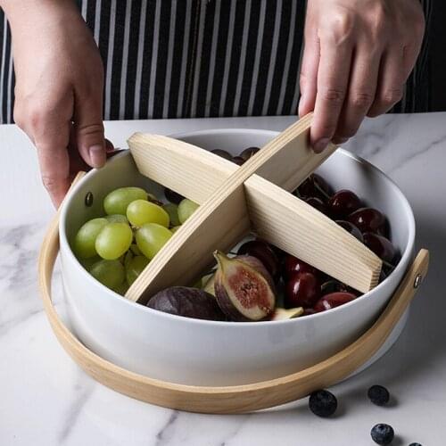 White snack serving ceramic basket with handle for fruit tea time plate and tray