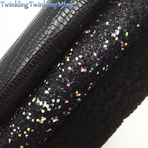 BLACK Glitter Fabric,crocodile Embossed Synthetic Leather Fabric Sheets, immitation fur For Bow A4 21x29CM Twinkling Ming XM944