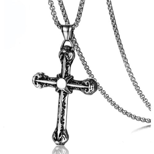 Long Link Chain Necklaces Silver Color Necklace Man Gothic Erkek Kolye Jewellery Mens Cross Necklace Stainless Steel Pendant