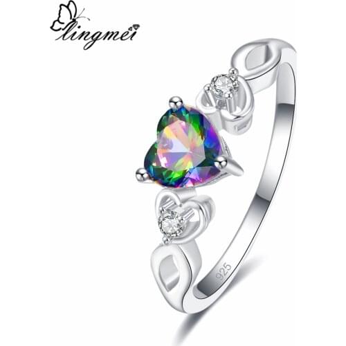 Lingmei Lovely Stylish Chic Heart Wedding Bride Jewelry Multi Pink Zircon Silver Color Ring Size 6 7 8 9 Engagement Gifts