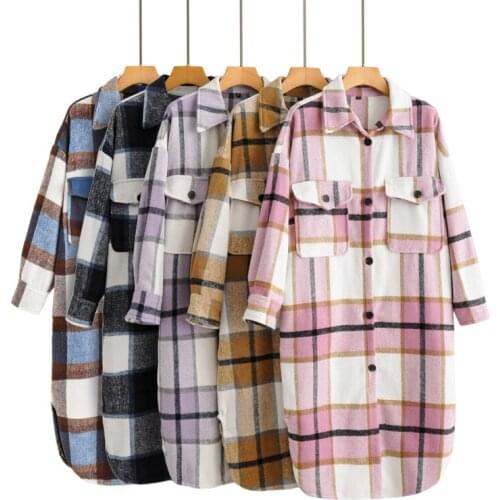 Women Plaid Casual Cotton Long Jackets Pockets Oversized Coats Warm England Style Jackets Chic Tops