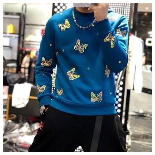 Fall/Winter 2021 Mens Hip Hop Street Sweatshirt Casual Round Neck Fashion Butterfly Pattern Slim Pullover