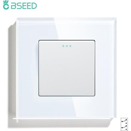 BSEED Wall Switches Push Button 1Gang Intermediate Switch Glass Panel Mechanical Switches EU Standard White Black Cross Switch