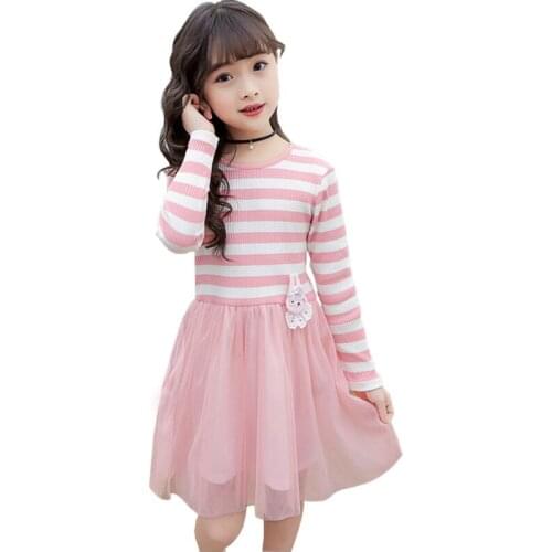 2019 New Girls Dress Spring Autumn Children Clothes Cartoon Striped Dress Long Sleeve Mesh Dress 4-11Y RT359