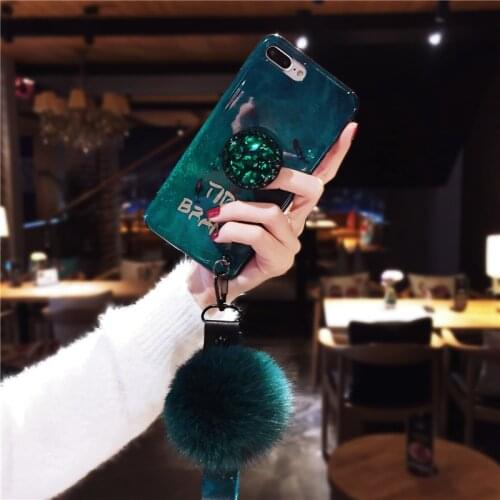 New Emerald Color Fur ball Strap Stand holder Phone case For A70 A20E A80 S9Plus S10Plus A10 A10S A20S Note9 IMD Capa Funds