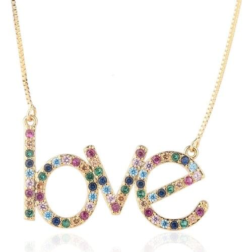 OMYFUN Fashion Letters Necklace LOVE Charm Pendant Rainbow CZ Micro Paved Pendant & Necklace Brazil Collar Semi Joyas N004