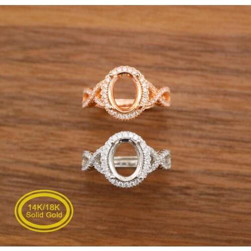 Oval Prong Ring Settings Solid 14K/18K Rose White Gold with Moissanite Accents DIY Vintage Style Freeform Shank Bezel 1224060