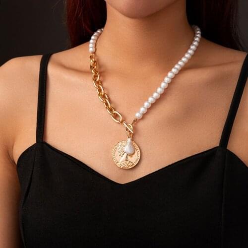 Simple Jewelry Fashion Metal Portrait Pendant Clavicle Chain Imitation Baroque Splicing Pearl Necklace Gothic Hip Hop Pendant