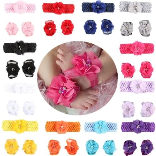 Handmade Knitted Newborn Baby Girls Headband and Flower Barefoot Sandal Shoes Set One Hundred Days Baby Photography Props