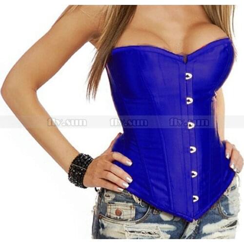 Blue Satin Overbust Corset Lace up Bustier S M L XL 2XL
