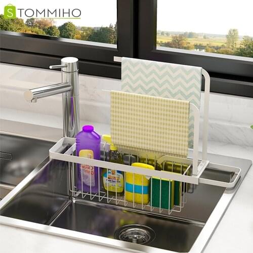 STOMMIHO Telescopic Sink Drain Rack Storage Rack Metal Adjustable Kitchen Organizer Sink Caddy Sponge Dishcloth Soap Holder