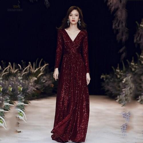 Evening Dresses V-Neck Prom Dress A-Line Floor-Length Dresses Woman Party Night Sequin Prom Dresses